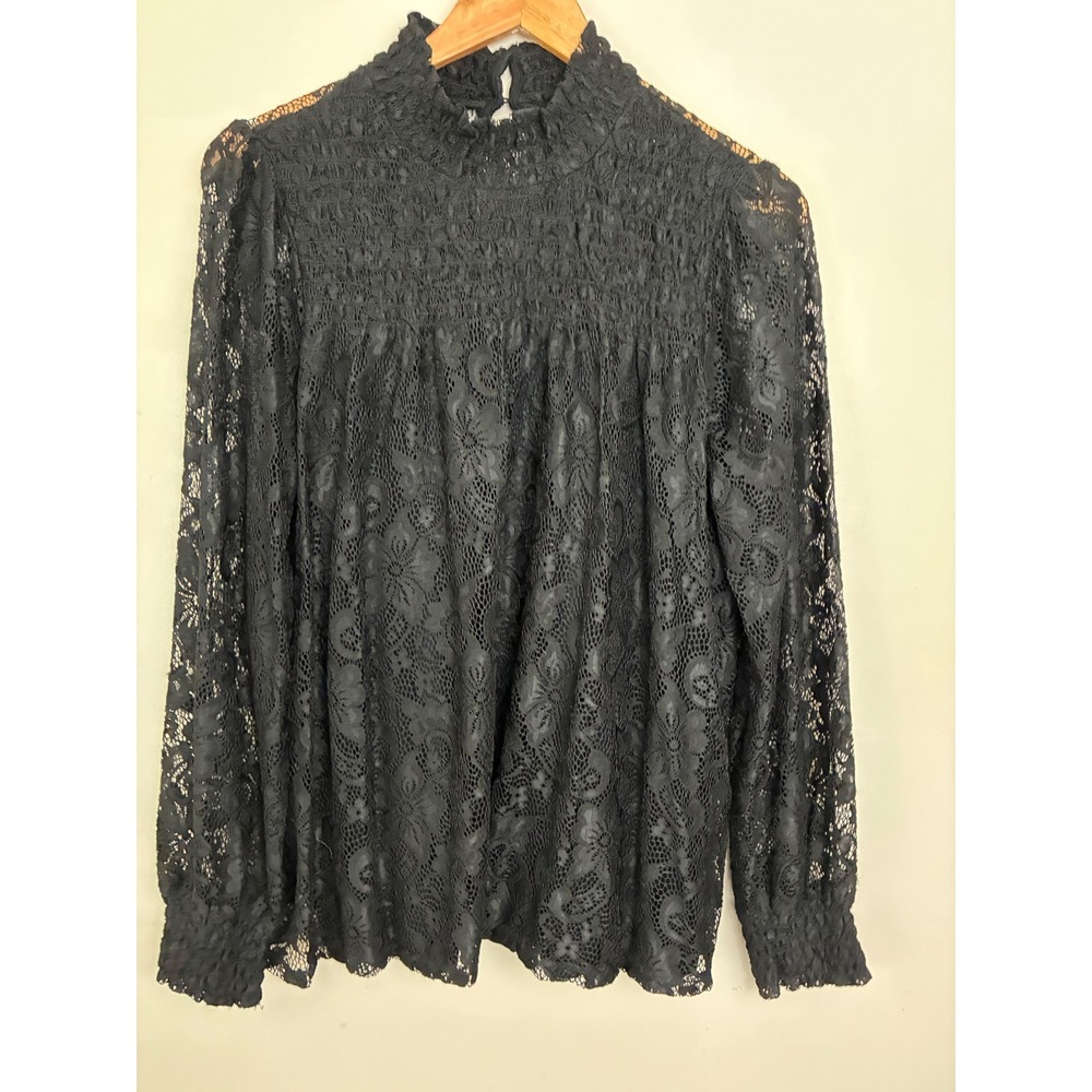 Whimsigoth Lace Blouse Womens L Black Mock Neck Smocked Ruffle Floral Romantic